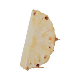 Un modèle 3D réaliste d'une seule tranche d'ananas, montrant sa chair jaune texturée et son cœur, isolé sur fond noir.