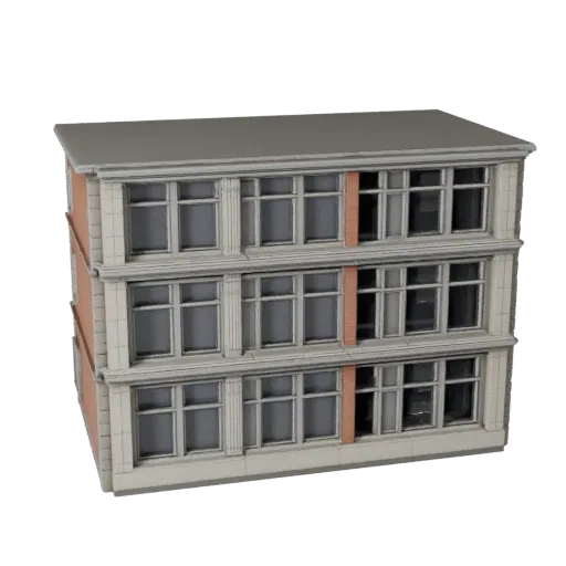 Modulares Straßenfassaden-Bausatz druckbares STL 3D-Modell, isometrische Ansicht, zeigt modulare Bausatz-Materialien und arch