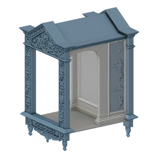 A 3D render of an ornate Baroque archway display shelf with intricate carvings and a light blue finish, set against a black b
