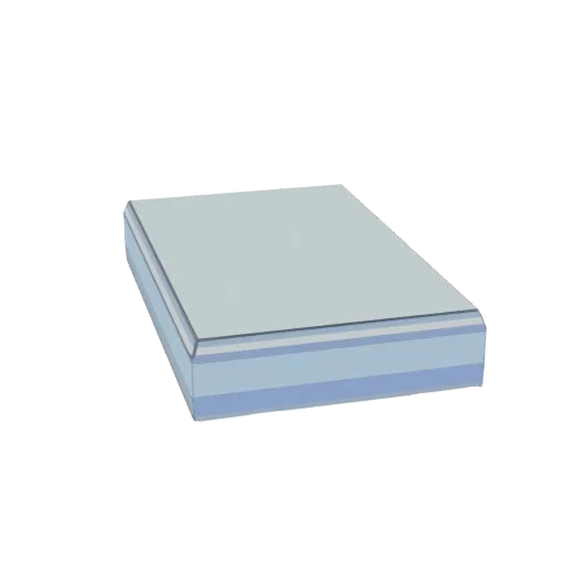 3D model of a light blue rectangular shape with blue edges, size 28x22x2.5 cm