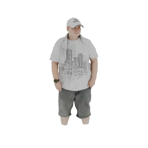3D model of a man wearing a white graphic t-shirt with a city skyline, denim shorts, and a white baseball cap, standing again