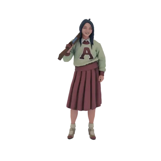 3D render of an anime schoolgirl wearing a green sweater with an 'A' emblem and a maroon skirt, holding a rifle over her shoulder.