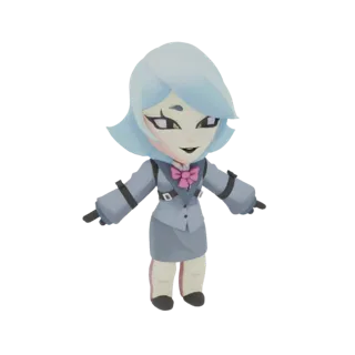 3D model of a chibi businesswoman with blue hair, wearing a grey suit and pink bowtie, posed with arms outstretched.