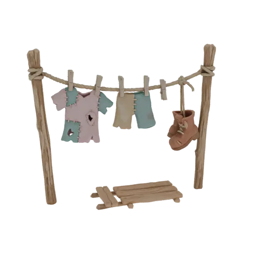 3D model of a rustic clothesline with patched shirt, shorts, and a single boot hanging from a rope between two wooden posts.