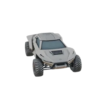 A 3D model of a futuristic, gray dune buggy with large off-road tires and an angular, aggressive design, set against a white
