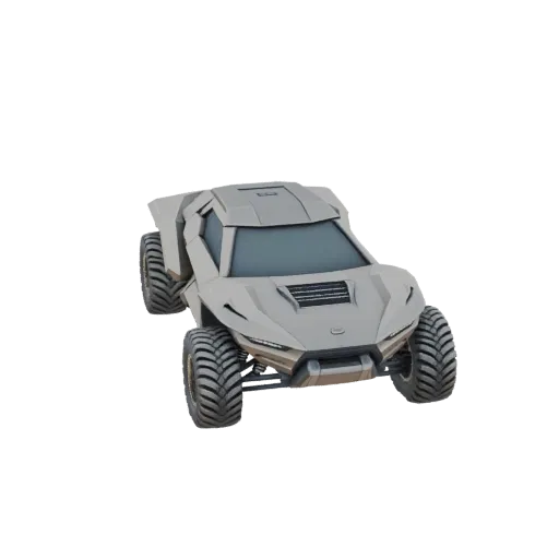 A 3D model of a futuristic, gray dune buggy with large off-road tires and an angular, aggressive design, set against a white