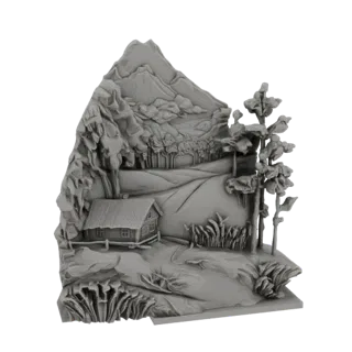 3D model render of a rustic log cabin in a mountain landscape with trees and a winding path.