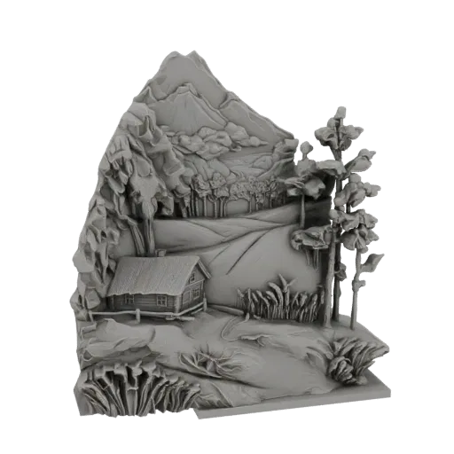 3D model render of a rustic log cabin in a mountain landscape with trees and a winding path.