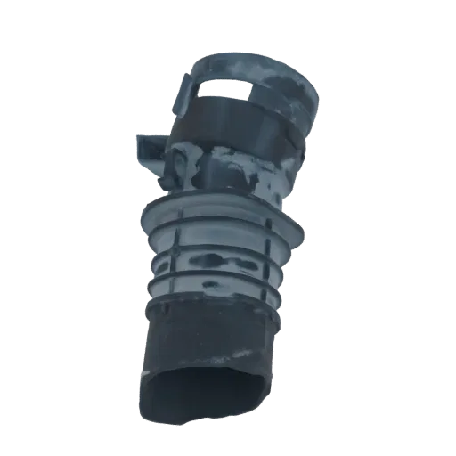 3D model of a dark grey industrial hose connector with ribbed texture and flared end, isolated on a black background.