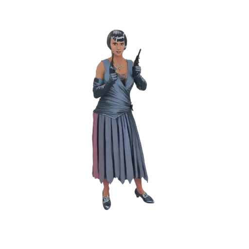 3D model of a 1920s flapper character in a blue dress, holding two pistols in a ready stance.