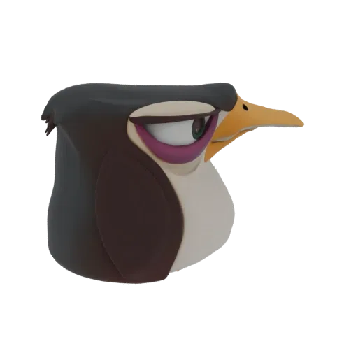 Render de modelo 3D de un pingüino gruñón con plumaje marrón oscuro y blanco, ceño fruncido y pico amarillo.