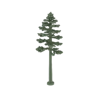 A 3D model of a stylized evergreen tree with a conical shape and textured foliage, standing on a circular base.