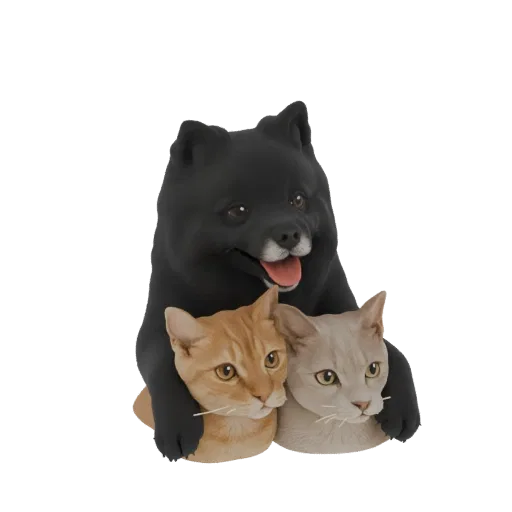 3D model of a black dog hugging an orange cat and a grey cat, with happy expressions.