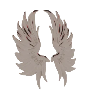 A 3D render of a pair of gothic angel wings, pale with dark, smudged accents on the feathers, set against a white background.