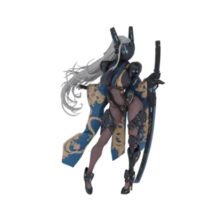 3D model of a cyberpunk samurai woman with long white hair, wearing a blue and gold kimono and dark cybernetic armor, holding