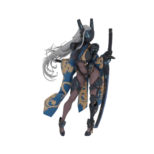 3D model of a cyberpunk samurai woman with long white hair, wearing a blue and gold kimono and dark cybernetic armor, holding
