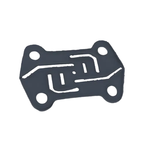 3D model of a dark grey gasket with four mounting holes and internal cutouts, isolated on a white background.