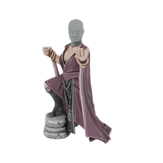 3D model of a mystic monkess in a prayer pose, wearing purple robes and standing on a stone base.