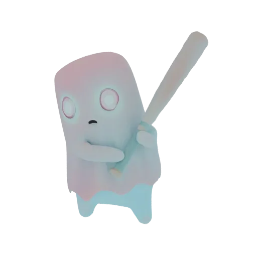 A 3D render of a cute, pastel-colored ghost character holding a baseball bat, with glowing eyes and a slightly worried expres