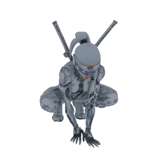 A 3D render of a cybernetic ninja in a crouching pose, wearing white and grey futuristic armor with a blue-patterned blindfol