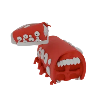 Ein 3D-Render eines roten, röhrenförmigen Monsters mit vielen Augen und einem Mund voller weißer Zähne, vor weißem Hintergrun