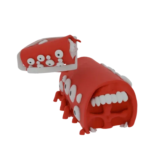 A 3D render of a red, tubular monster with many eyes and a mouth full of white teeth, set against a white background.