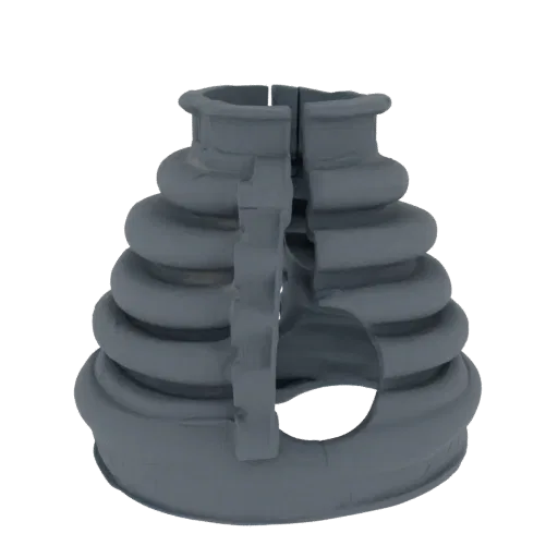 3D model of a gray corrugated CV joint boot with visible folds and a cutaway section
