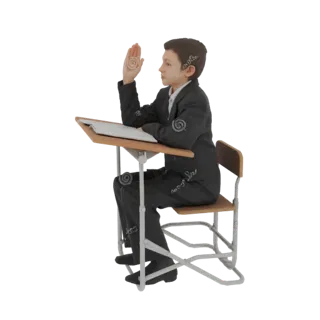 Modelo 3D de un joven estudiante con traje oscuro sentado en un pupitre escolar de madera, con la mano derecha levantada.