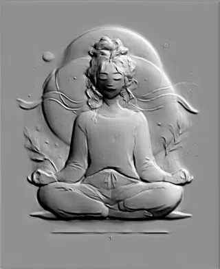 3D model of meditating girl bas-relief in lotus pose, embossed style with soft shadows and contours.