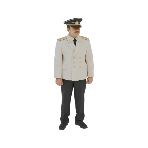 3D model of a naval officer in a white uniform, wearing a peaked cap and standing at attention.