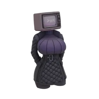 Modèle 3D d'un personnage avec une tête de TV rétro, portant un haut violet et un manteau matelassé noir avec une ceinture.