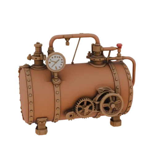 3D render of a steampunk copper boiler with a pressure gauge, gears, and pipes, set against a white background.
