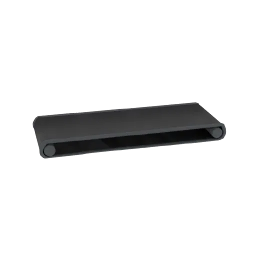 Uma renderização 3D de uma esteira transportadora minimalista preta com uma superfície lisa e escura e rolos cilíndricos em c
