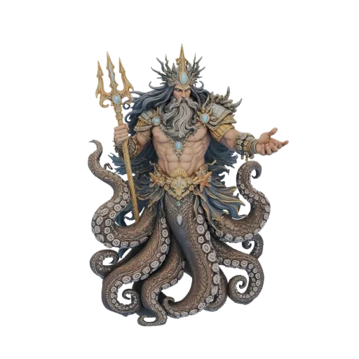3D model of Poseidon, Greek god of the sea, with trident and octopus tentacles, wearing ornate armor and a crown.