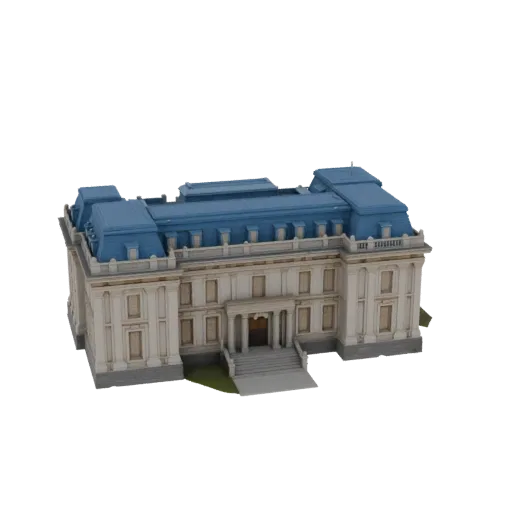 3D model of Gorki Leninskiye estate with blue roof, front and slight side view, on black background
