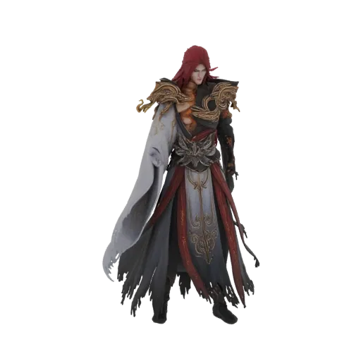 3D model of a dark fantasy warrior with long red hair, wearing ornate gold and black armor and tattered grey and red robes, s