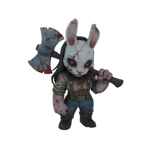 A 3D model of a chibi-style Huntress from Dead by Daylight, wearing a cracked rabbit mask and holding a bloody axe.