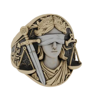 3D-Modell eines Rings, der die Göttin der Gerechtigkeit Themis darstellt, mit Schwert und Waage an den Seiten, verziert mit F