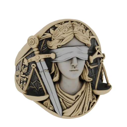 Modelo 3D de anel com a deusa da justiça Têmis, com espada e balança nas laterais, decorado com filigrana.
