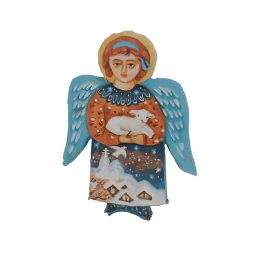 3D model of a folk art angel with blue wings, holding a white lamb, wearing a halo and a dress with a winter village scene.