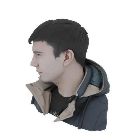3D model of a man in a dark blue winter jacket with a beige collar, shown in profile.