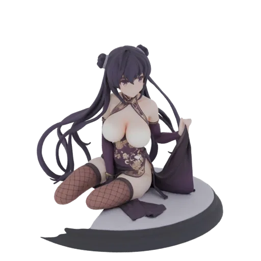 3D model of an anime girl in a purple cheongsam dress, seated gracefully with long dark hair and intricate gold patterns on h