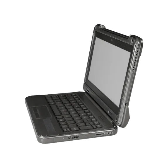 Rugged Tablet Computer High Poly 3D model, close-up studio render, showing brushed metal, open lid angle.