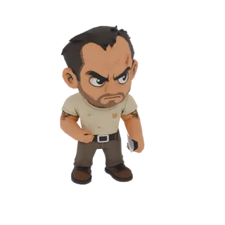 3D model of a Chibi Rick Grimes character with an angry expression, wearing a tattered shirt and pants, holding a knife.