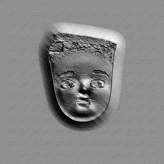 3D model of a child's face bas-relief with expressive features and signs of damage, rendered in gray.