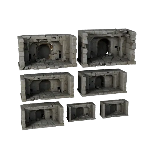 Collapsed Dungeon Corridor Modular 3D model, isometric modular kit view, showing aged stone, built remnants.