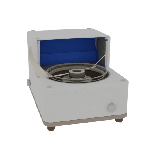 Research Centrifuge 3D model, three-quarter front view, AR viewer studio render, showing glass, recognizable lab forms.