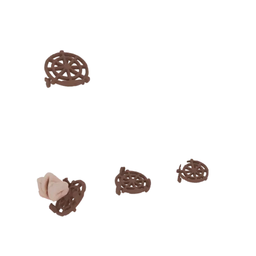 3D model of several chocolate wheel cookies, some clustered together, showcasing intricate lattice patterns.