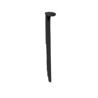 Modelo 3D de un clavo gris oscuro con una cabeza ovalada prominente, de pie verticalmente sobre un fondo blanco.