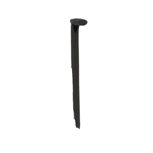 3D-Modell eines dunkelgrauen Nagels mit markantem ovalem Kopf, vertikal vor weißem Hintergrund stehend.